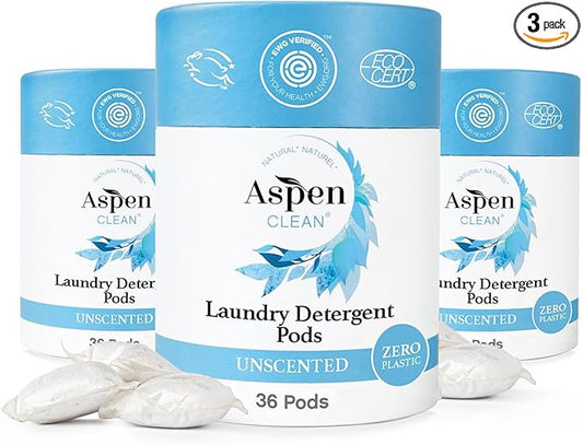AspenClean | Laundry Pods | Unscented | Clean Detergent for Sensitive Skin | Zero Plastic | Non - Toxic | 100% Natural | EWG Verified - 36 Count (3 Pack)