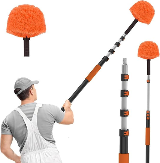 SISUPASSIE 20FT Reach Cobweb Duster with Extension Pole, High Ceiling Long Duster with 3-12FT Telescoping Pole, Spider Web Brush for Indoor Outdoor Use