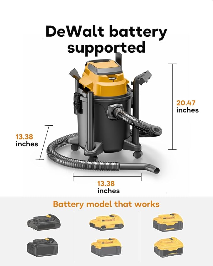 Cordless Shop Vacuum Wet/Dry, for DeWalt 20V Max Battery, 5.2-Gallon Battery Powered Vacuum Cleaner, Lemon, with Hose Nozzles HEPA Filters Wheels (Bare Tool ONLY)