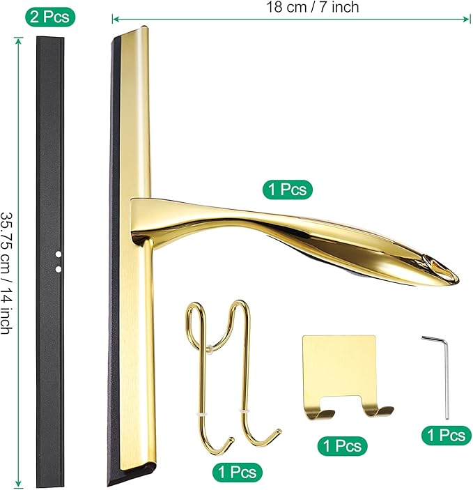 uxcell 14 Inch Shower Squeegee for Glass Doors, Stainless Steel All-Purpose Bath Squeegee with Hooks Holder Square Sticky Hook for Bathroom Window Mirror Car Glass, Gold