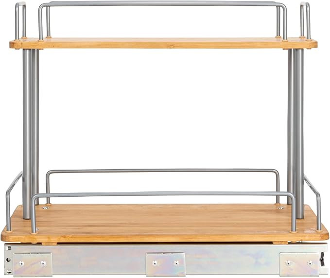 Household Essentials Glidez Steel and Bamboo Pull-Out/Slide-Out Storage Organizer for Under Sink or Cabinet Use - 2 -Tier Design - Fits Standard Size Cabinet or Shelf, Brushed Silver and Natural