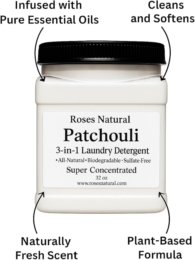 Patchouli 3-in-1 Laundry Detergent Powder, 32 oz, All-Natural Super Concentrated Powder, HE Compatible, Laundry Booster, Sulfate-Free, Made in the USA