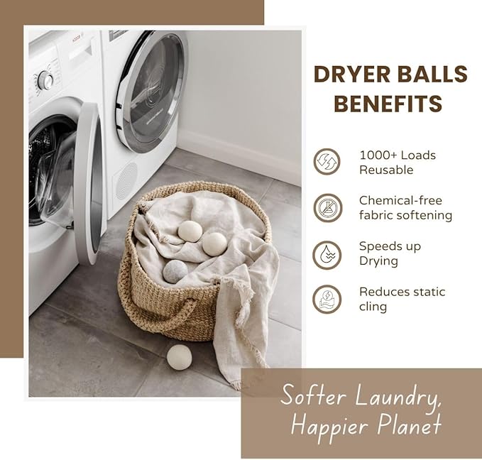 Laundry Wool Dryer Balls | Natural Fabric Softener – Reusable, Eco-Friendly, Reduces Drying Time – Wool Balls Replaces Dryer Sheets - 3 XL Pack - Laundry Balls for Dryer
