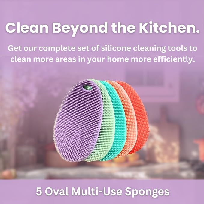 Silicone Sponge Dish Scrubber - Food Grade Silicone Dish Scrubber and Housecleaning - BPA Free Silicone Kitchen Scrubber [5 Pack Ovals Spring]