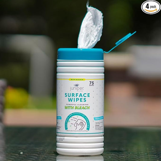 Juniper CLEAN 4 Pack Surface Cleaning Wipes with Bleach, All-Purpose Cleaner for Bathroom, Kitchen, Office, 300 Count Canister, 7.5" x 7" Sheet, Fresh Scent, Lint Free & Durable