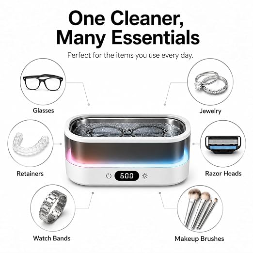Ultrasonic Cleaner for Jewelry, Glasses & Retainers, 48kHz Sonic Cleaning Machine with 7-Color LED Ambient Light, Digital Timer, Quiet Deep Cleaner for Rings, Dentures & Watches（White）