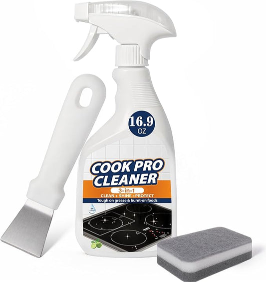 3-in-1 Stove Top and Oven Cleaner Kit - Glass Cooktop Cleaner for Ceramic Electric Gas & Induction Stoves - Includes Heavy Duty Scraper and Double-Sided Sponges for Burnt-on Grease, Oil & Grime
