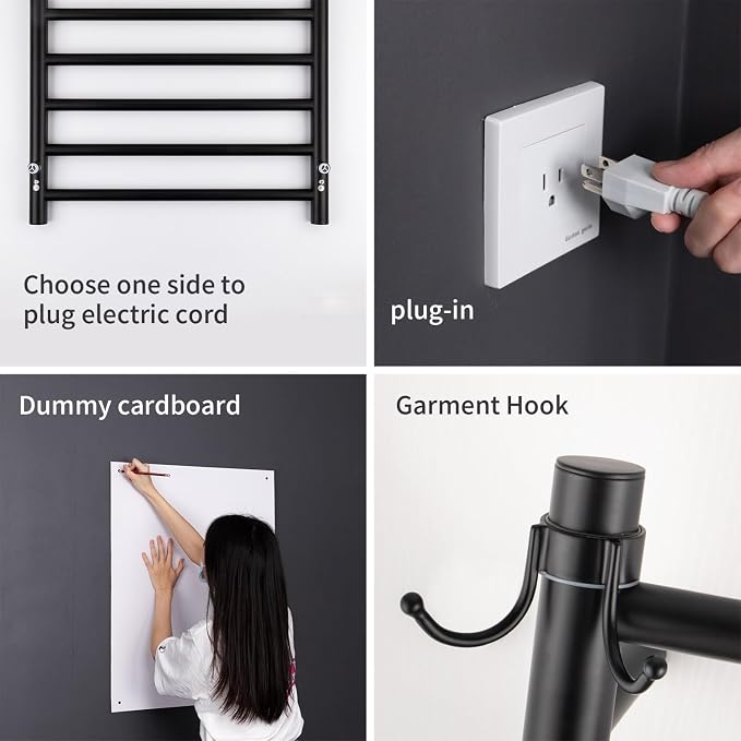 Wall Mounted Towel Warmer 8 Bars with Plug-in and Hardwired Options 3 Working Modes Black Stainless Steel 21” W 34” H