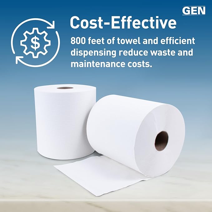 GEN Hardwound Roll Towels - White, 8-Inch x 800 ft, 6 Rolls/Carton