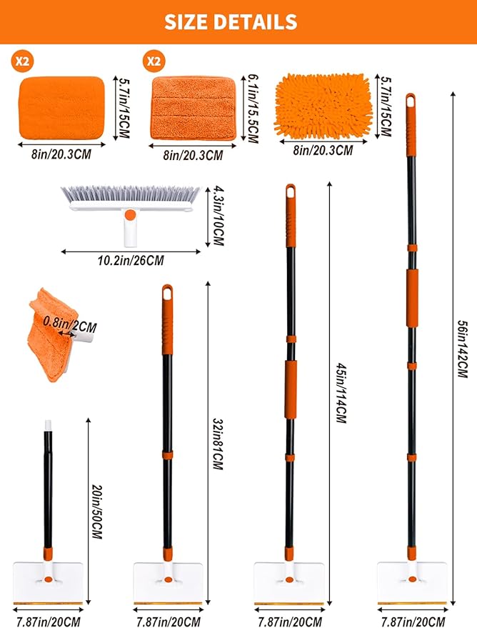 4-in-1 Baseboard Cleaning Tool with Extendable Handle 5 Reusable Pads 1 Carpet Rake Stiff Bristle Brush Multi-Surface Baseboard Brush for Cleaning Baseboard Wall Carpet Floor Bathroom Kitchen Pet Hair