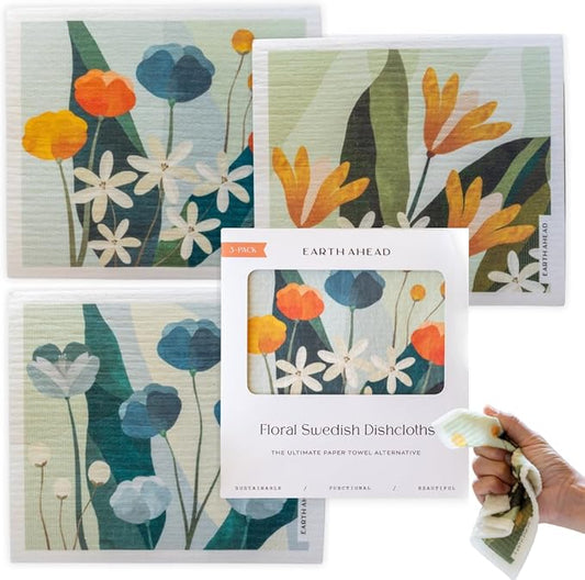 Swedish Dishcloths – Classic Botanical Floral Designs – Reusable Compostable Cellulose Sponge Cloth – Eco-Friendly Paper Towel Alternative 3 Pack