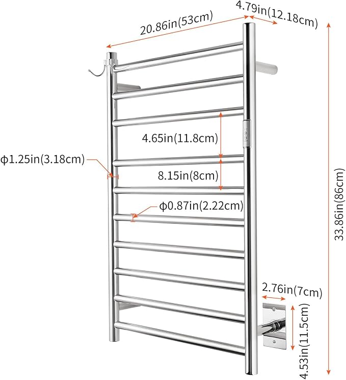 Wall Mounted Towel Warmer 10 Bars with Plug-in and Hardwired Options 3 Working Modes Mirror Polished Stainless Steel 21”W 34”H