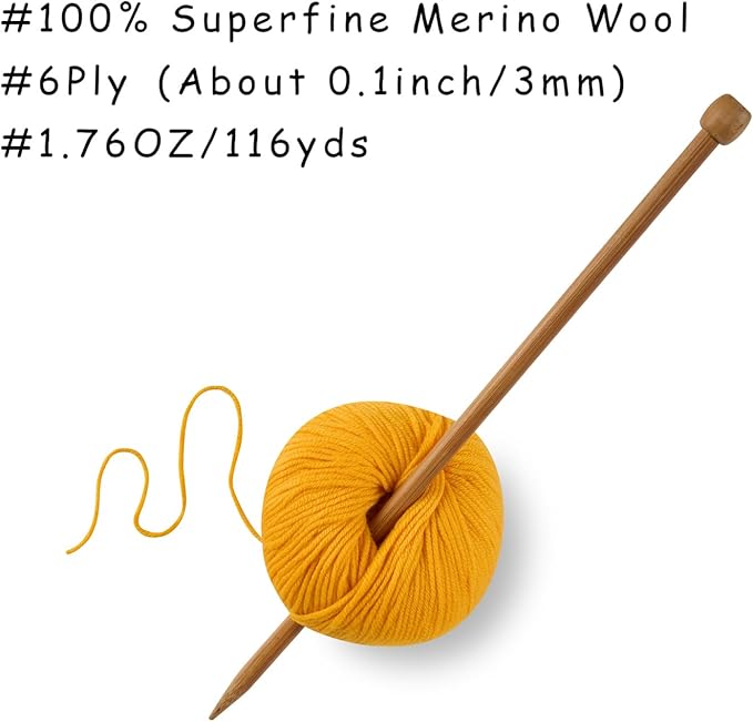 100% Merino Wool Yarn, 6-Ply Luxurious and Soft Yarn for Hand Knitting & Crocheting, 1.76 OZ/50g, 127 yds/116 Meters(Golden Yellow, 1 Ball)