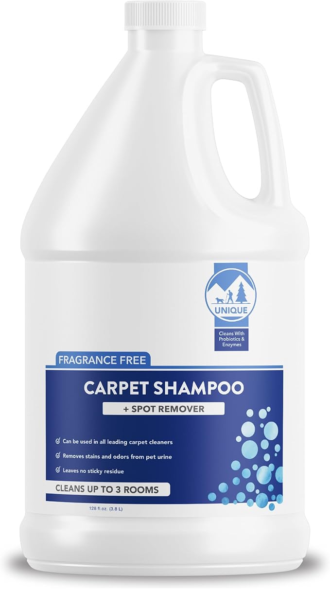 Unique Carpet Shampoo, Pet Stain & Odor Remover, Enzyme Carpet Cleaner for Dog & Cat Urine, Deep Cleaning Solution, Value Size, 128 oz