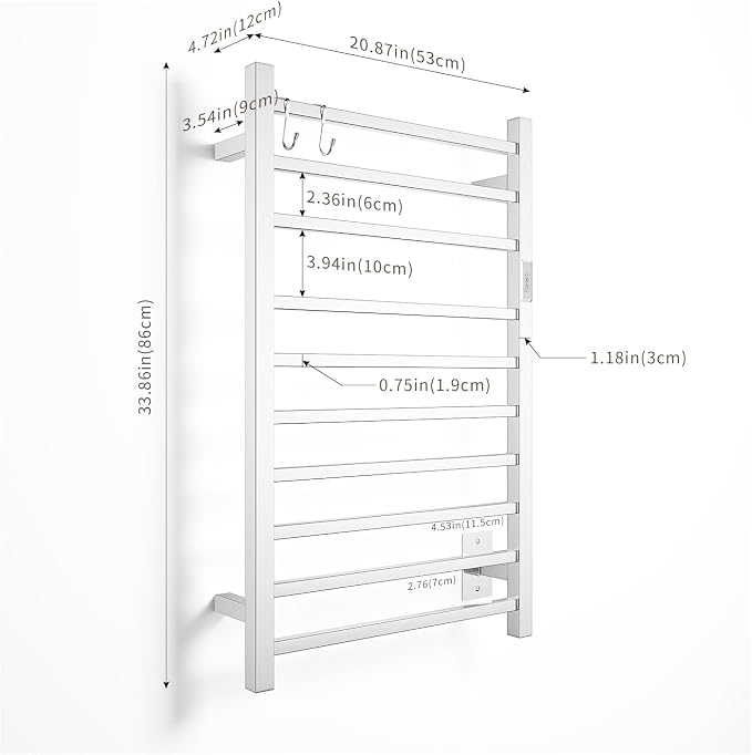 Wall Mounted Towel Warmer Square 10 Bars with Plug-in and Hardwired Options 3 Working Modes Mirror Polished Stainless Steel 21" W 34" H