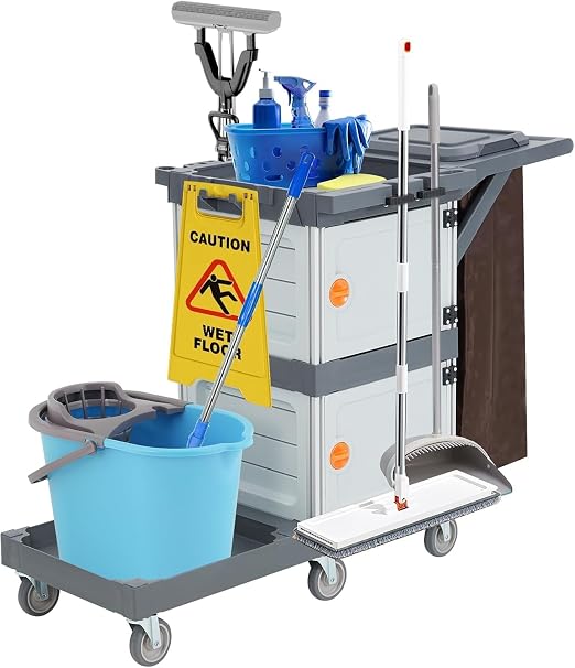 Janitorial Cart with 2 Cabinet, Commercial Traditional Janitorial 3-Shelf Cleaning Cart On Wheels with Cover and Vinyl Bag, for Housekeeping Hotels Apartment