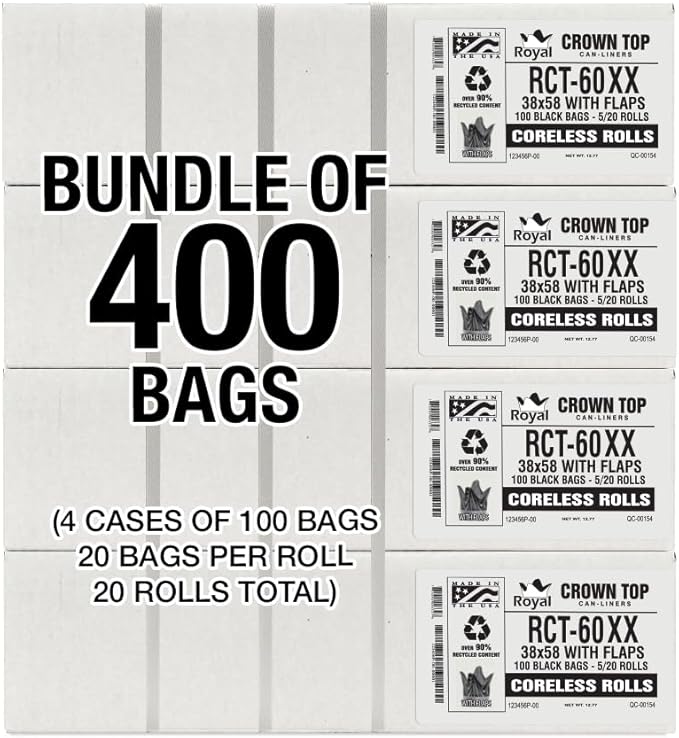 Aluf Plastics RCT-60XX Star Sealed Coreless Rolls with E-Z Tie Flap Closure, 60 gal, Polyethylene, 38" x 58", Black (Pack of 400)
