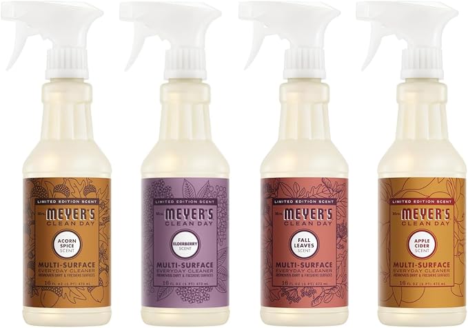 Mrs. MEYER'S Fall Scent Multi-Surface Cleaner, 1 Acorn Spice, 1 Apple Cider, 1 Fall Leaves, 1 Elderberry, 16 FL OZ Each, 4 CT (Variety Pack)