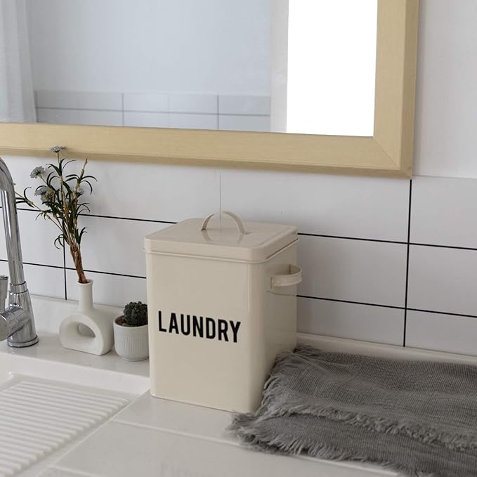LA JOLIE MUSE Laundry Detergent Powder Storage Tin Box, Farmhouse Laundry Room Decor, 9 Inch High, Cream