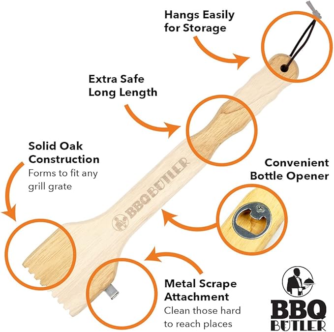 BBQ Butler Wood Grill Scraper - Wooden Barbecue Cleaner - BBQ Tools - Bristle Free - Food Safe Oak Grill Scraper with Metal Scraping Hook and Bottle Opener
