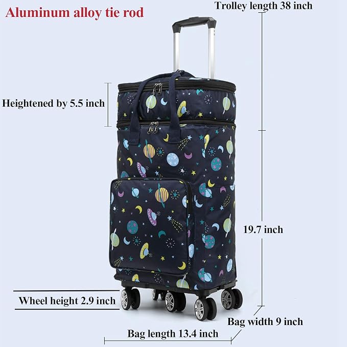 2 in 1 Shopping Cart with Wheels, Grocery, Portable Utility Dolly, Luggage Cart, Foldable Hand Truck with Built-in Removable Waterproof Bag for Shopping, Camping, Travel (Starry Sky)
