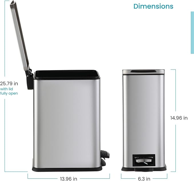 Home Zone Living 3 Gallon Small Trash Can with a Lid and Step Pedal, Stainless Steel with Slim Design for Home and Office, Silver, 10 Liters