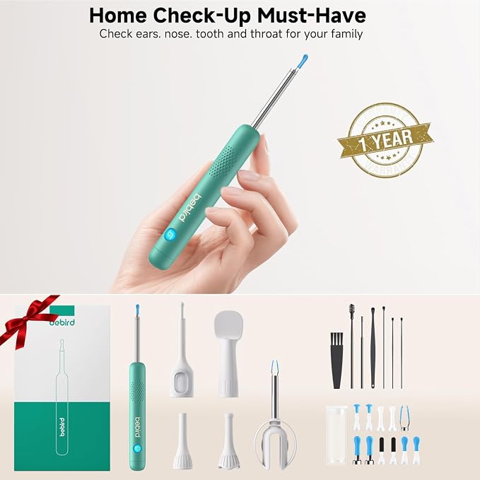 BEBIRD R1 Ultra Ear Wax Removal, Ear Cleaner with Camera Ear Scope, Wax Remove Ear Pick with Ear Otoscope Tweezers, Visual Dropper Cleaning Kit, Ear/Nose/Throat Examination Tool for Family, Green