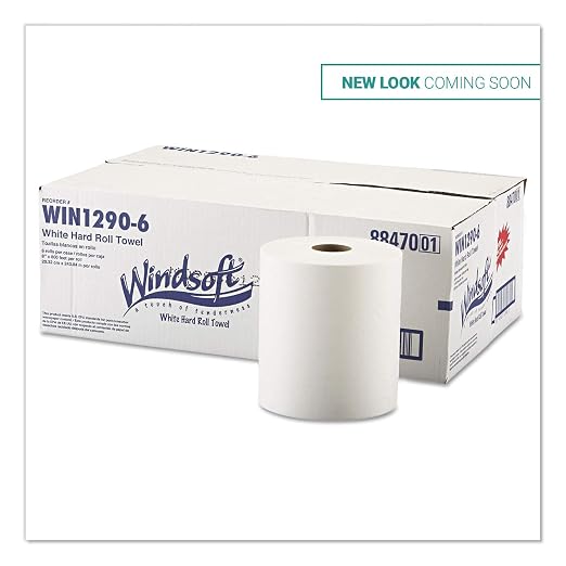 Windsoft Commercial Paper Towels, Hardwound Roll Hand Towels, 6-Pack, 8" x 800ft per Roll, White, Hardwound Towel Dispensers Refill