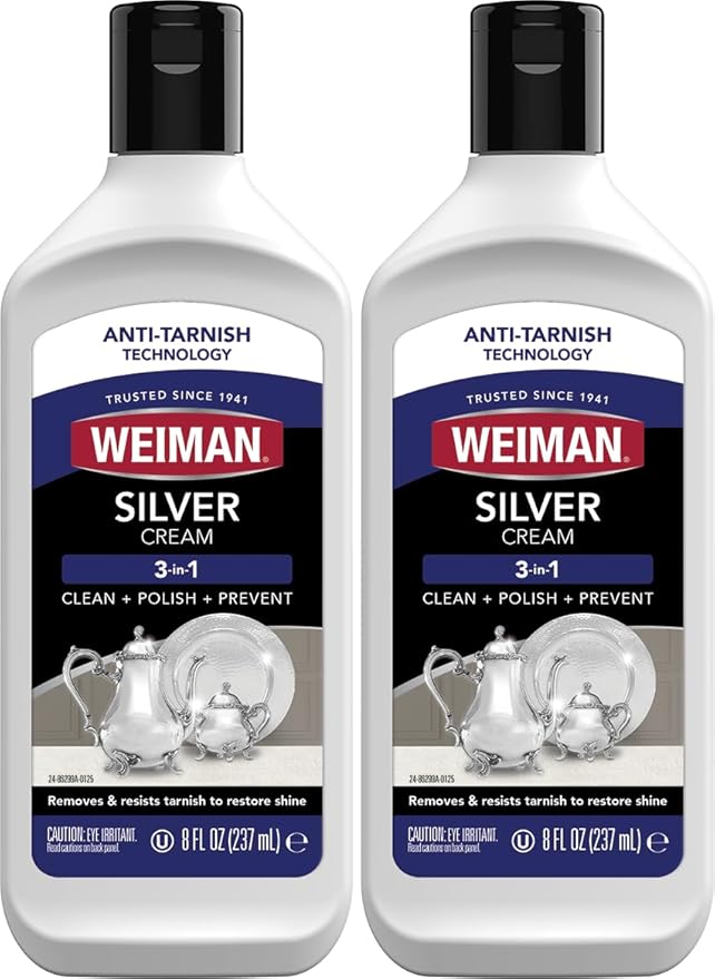 Weiman Silver Cream Cleaner 3-in-1, Anti-Tarnish Technology, Safely Clean, Polish, Shine & Restore, Removes & Prevent Tarnish, 8 Oz (Pack of 2)