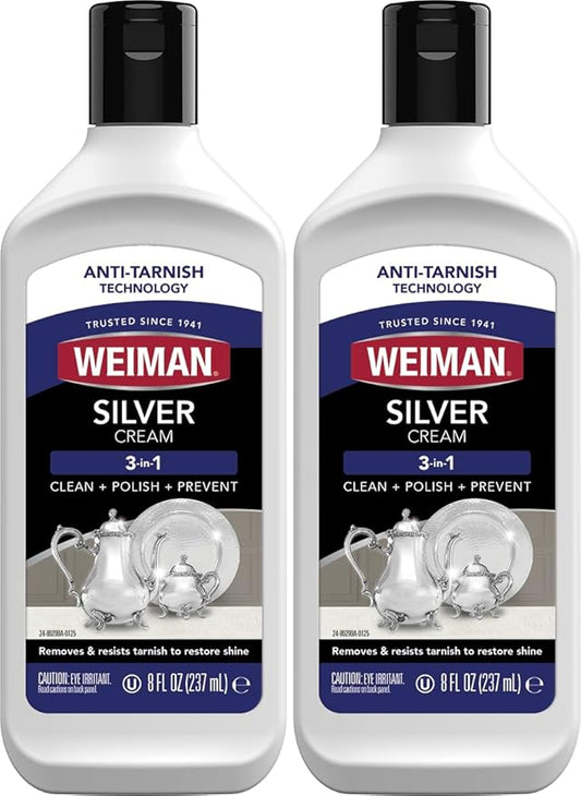 Weiman Silver Cream Cleaner 3-in-1, Anti-Tarnish Technology, Safely Clean, Polish, Shine & Restore, Removes & Prevent Tarnish, 8 Oz (Pack of 2)
