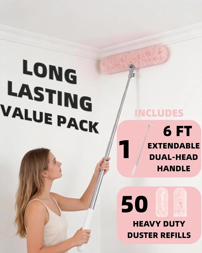 50 PCS Duster Refills with 6 FT Extendable Handle, Heavy Duty Duster Refills Kit Compatible with Swiffer, 360 Disposable Microfiber Duster Pads for Ceiling Fan, Blind & Hard to Reach Areas Cleaning