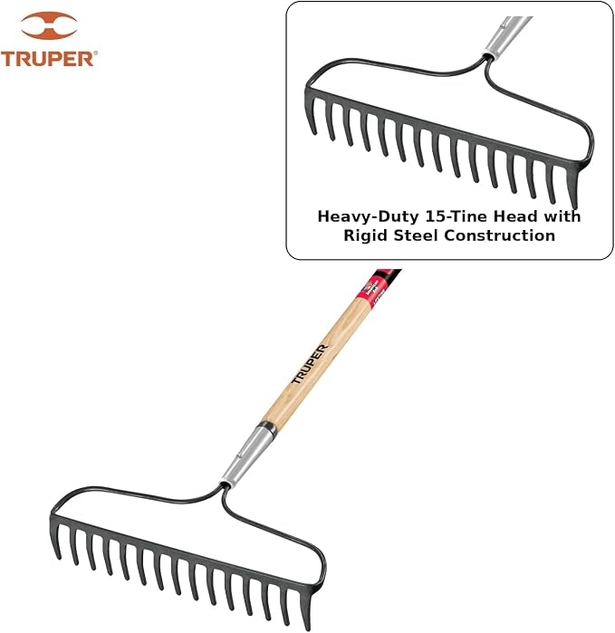 Truper TruPro 15-Tine Forged Steel Bow Rake (Model 31374 / R-16AM-X) | 60-Inch Premium Ash Wood Long Handle, Professional Landscaping Grading and Leveling Tool