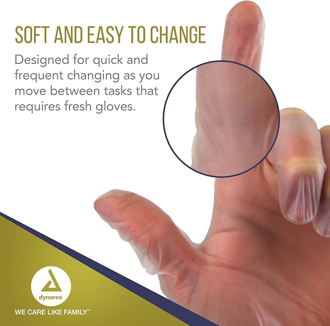 Dynarex Safe-Touch Vinyl Disposable Exam Gloves, Powder-Free, Food Safety and Compliance, Ambidextrous, Clear, X-Large, 1 Case, 10 Boxes of 100 Gloves