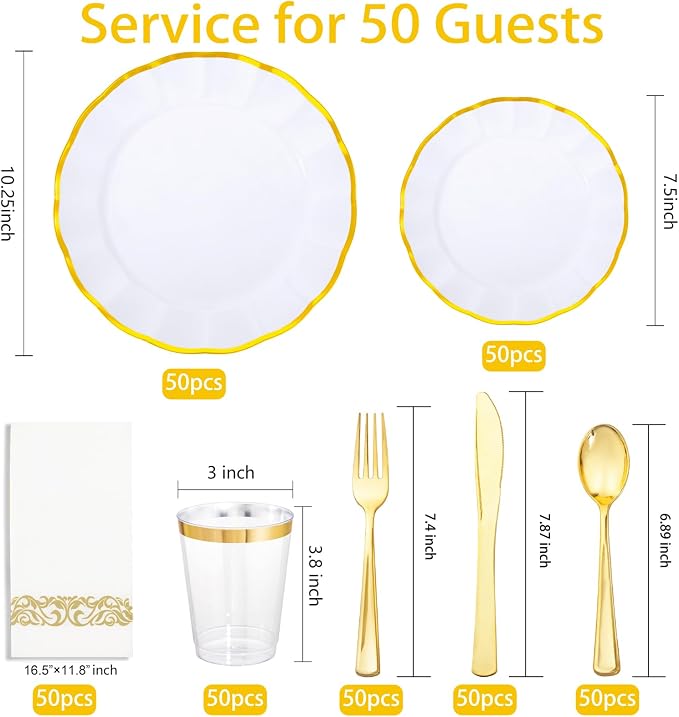 LIYH 350 Pcs White Plates for Wedding Reception Plastic Plates for Party 50 Guest 100 Disposable Plates 150 Gold Plastic Silverware 50 Gold Cups 50 Napkins Perfect for Wedding Birthday