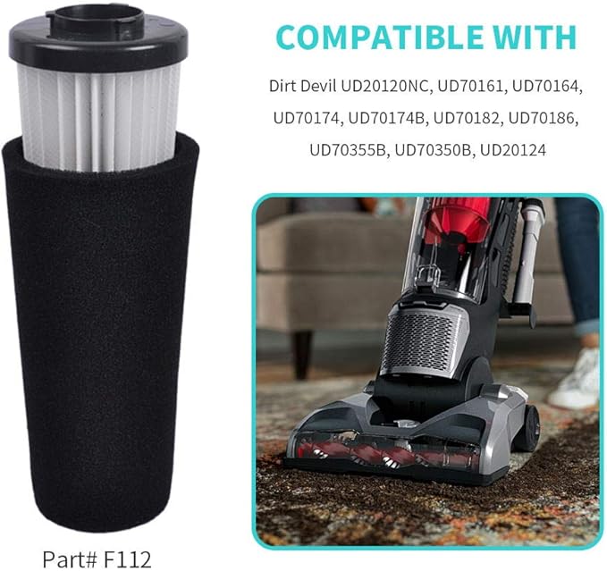 4 Pack F112 Filter Replacement & 3 Pack Style 5 Belt Compatible with Dirt Devil UD70161, UD70167, UD70181, UD70185 Power Max Upright Vacuum