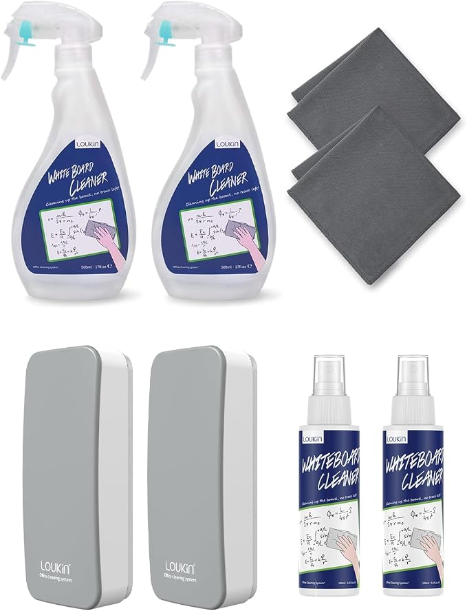 loukin | Non-toxic Whiteboard Cleaner Kit (17 fl oz) 2 Pack & Magnetic Dry Erase Eraser (Gray) 2 Pack & Non-toxic Whiteboard Cleaner (3.4 fl oz) 2 Pack &
