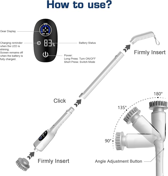 Electric Spin Scrubber, 200Mins Runtime Bathroom Scrubber with 3-Speed & LCD Display, Full-Body IPX7 Shower Scrubber with 8 Heads for Bathtub Kitchen Floor Grout, 53IN Extendable Handle