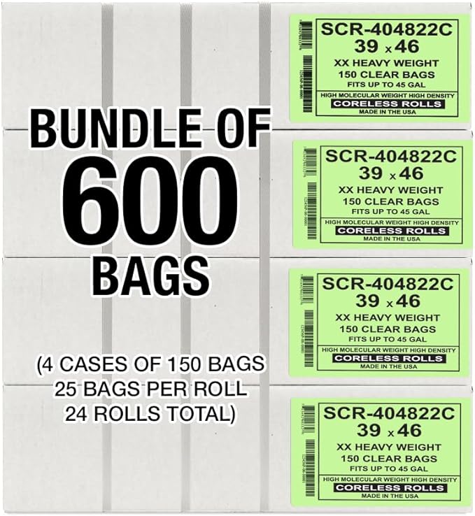 Aluf Plastics 45 Gallon 22 Micron (eq) Premium Clear Trash Bags - 39" x 46" For Office, Kitchen, Bathroom, Commercial, Janitorial, Industrial, & Hospitality (Pack of 600)