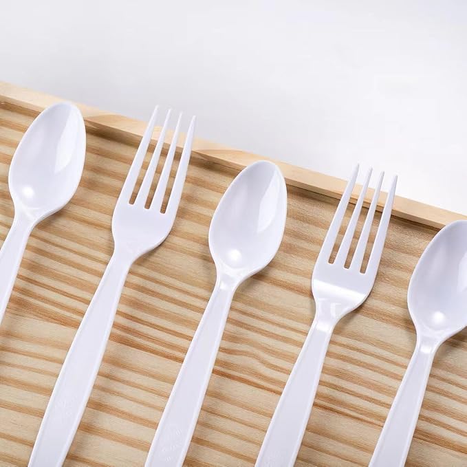 MOACOCK 200 Count White Plastic Silverware, Heavy Weight Plastic Forks Spoons Disposable Utensils Cutlery Set for Wedding Party Supplies Everyday Use