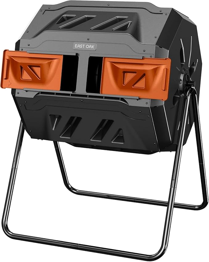 East Oak Compost Tumbler Outdoor, 43-Gal Dual Chamber Compost Bin with 2 Sliding Door and Aeration System, Tumbling Rotating Composter Bin for Garden, Kitchen, Yard