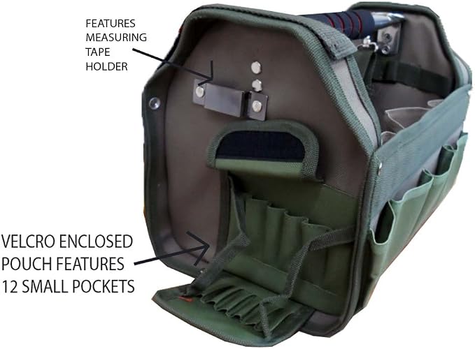 RAVEN 12.5" Green Tool Carry-All | Premium Canvas with Multi-Pockets | Metal Handle & Rubber Feet | 12.5" x 9.5" x 8" | Best for Tools, Crafts & Supplies