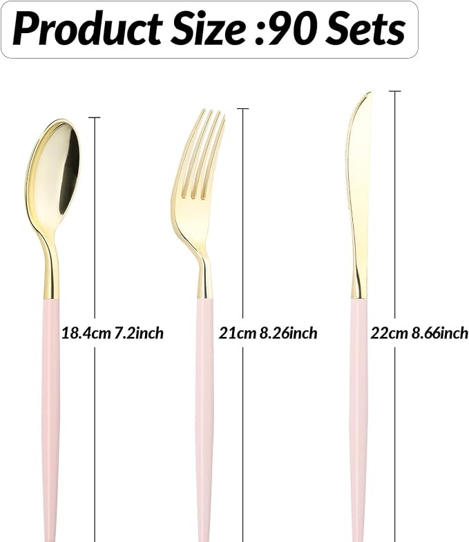 Goodluck 90 PCS Pink Gold Plastic Silverware Set for 30 Guests,30 Knives, 30 Forks and30 Spoons, Food-grade material free of BPA, Gold Plastic Cutlery Ideal for Weddings, Birthdays, Graduation