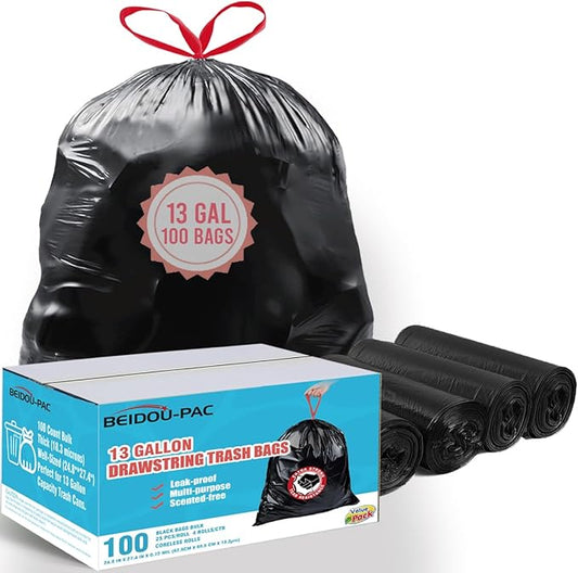 BEIDOU-PAC 13 Gallon Trash Bags Drawstring, 100 Count Bulk, Black & Unscented Garbage Bags, Multi-purpose Tall Kitchen Trash Bags Can Liners for Business Home Commercial and Industrial