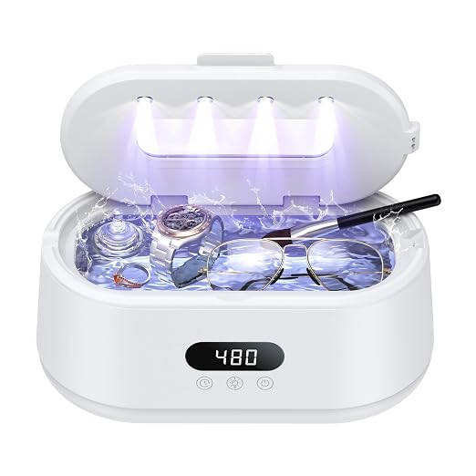 Ultrasonic Jewelry Cleaner, 50KHz Ultrasonic Cleaner Machine, Dual Modes & LED Display, 5 Cleaning Modes, 24W Sonic Cleaner for Jewelry, Eyeglasses, Watches, Rings, Watch Strap,Dentures(White)