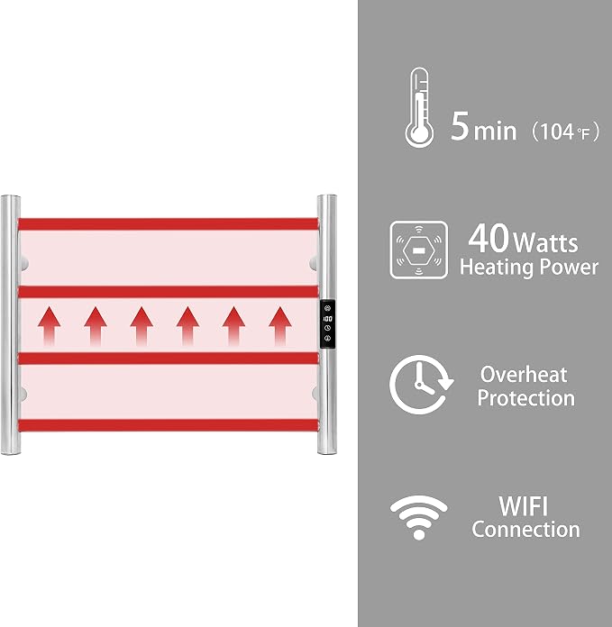 KEG Smart WiFi Towel Warmer Wall Mounted with Built-in Timer and Temperature Adjust Control, 4 Bars Electric Stainless Steel Heated Towel Racks for Bathroom Brushed Nickel