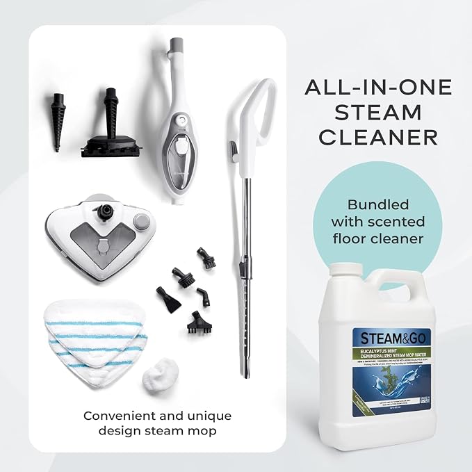 Steam & Go - The Housekeeper Steam Cleaner For Floors & Demineralized Water Bundle, 10-in-1 Hard Floor Cleaner Machine & Grout Steam Cleaner with Floor Cleaning Solution, 32 oz, Eucalyptus Mint Scent