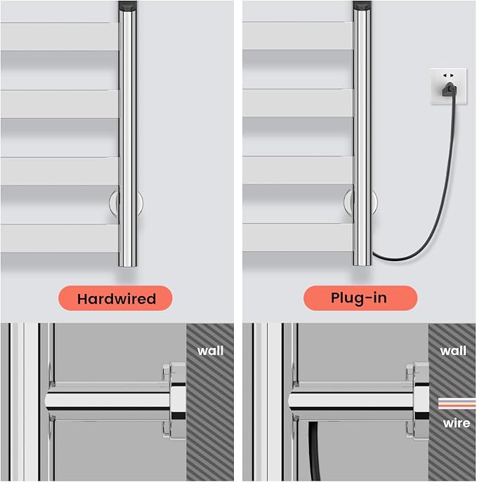 Towel Warmer,304 Stainless Steel Towel Warmer Rack for Bathroom -8 Bars Wall Mounted Towel Heater with Intelligent Touch Screen Timer, Hard Wired/Plug-in, Mirror Polished