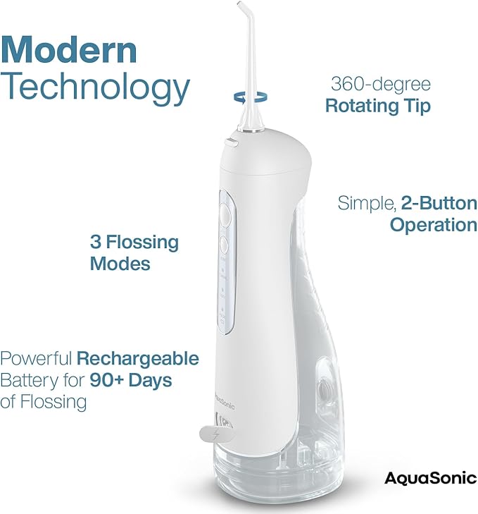 AquaSonic Aqua Flosser PRO - Rechargeable Electric Cordless Water Flosser for Teeth, Gums & Tongue - Waterproof Modern Design, 300ml Large Tank, 3 Modes, 6 Jet Tips, Deluxe Tongue Nozzle - Optic White