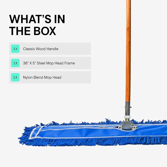 36 Inch Blue Commercial Dust Mop & Floor Sweeper – Wood Handle Floor Mop for Tile, Hardwood & Concrete