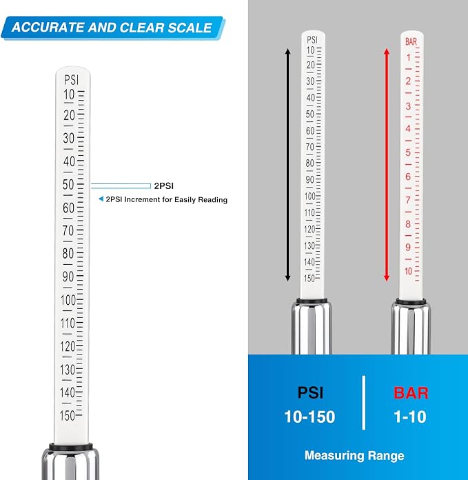 Nilight Dual Head Tire Pressure Gauge Heavy Duty Truck Air Chuck Range 10-150PSI 1-10Bar Tire Pressure Checker Straight-On Tire Air Gauge Extended Tube for Semi Truck, RV, Car, Motorcycle